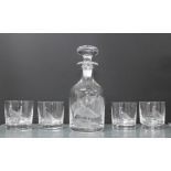 Stuart Strathearn glass decanter and stopper, 24.5cm, and set of four whisky tumblers, all with