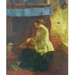 After Thomas Faed, RSA, (Scottish 1826-1900), Interior scene with a woman and a kitten by the fire