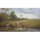 James Heron (SCOTTISH 1873-1919), cattle drinking in a stream, oil on canvas, signed, unframed, 61 x