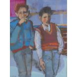 Mary Gallagher, (SCOTTISH b.1953) 'Two boys' oil on card, signed and framed under glass, 27 x 37cm