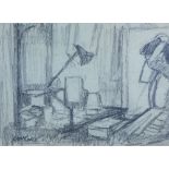 Charles McCall (1907 - 1989), charcoal drawing of a student at their desk with an angle poise