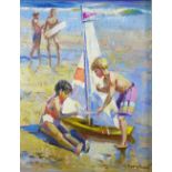 20th century school, Beach scene with children playing, oil on canvas, signed indistcintly and dated