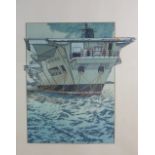 Air Craft Carrier - Ark Royal, coloured screen print, signed indistcintly, framed under glass, 55