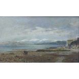 19th century Scottish School, loch shore scene with snow capped mountains, oil on canvas, apparently
