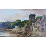 Gray, a 19th century shore village scene with figures, oil on board, signed and framed, 31 x 18cm