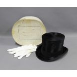 Vintage black silk top hat, outer card box and pair of gloves (a lot)