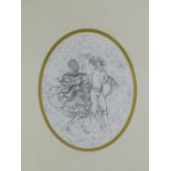 Pencil sketch of two dancing figures, signed indistinctly and framed under glass, 19 x 25cm