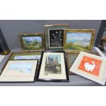 A crate containing a collection of paintings and prints, (approx 18)