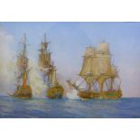 Marine oil painting of Du Teillay accompanied by Elisabeth and fired upon by HMS Lion July 1745,