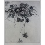Kate Cameron, mixed flowers, etching, framed under glass, 14 x 16cm