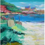 Fleming, Shore scene with cottages, an acrylic / oil on board, signed and unframed, 30 x 30cm