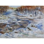 Douglas Mathews, a watercolour of a winter landscape with river, signed and framed under glass, 33 x