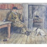 Ralph Rowland, interior scene with a man and a dog, ink and watercolour, signed and dated 1908, 26 x