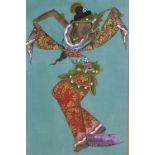 Eastern painting on fabric of a dancing girl, framed under glass with a Scottish gallery label