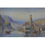 19th century School, lake scene with gondolas, watercolour, singed indistinctly, framed under glass,