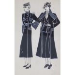 Fashion ink sketch of two early 20th century lady's, framed under glass, size overall 44 x 55cm