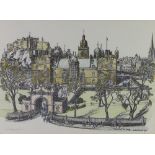 John Porteous Wood, a coloured print of George Heriot's School, from Lauriston Place with Castle