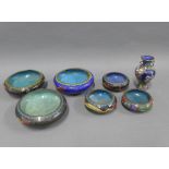 Collection of seven miniature cloisonne enamel wares to include three dishes and three smaller and a