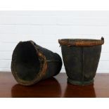Two antique leather buckets, 26cm (a/f) (2)