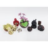 Collection of resin netsukes and figures, two wooden netsukes, faux cinnabar snuff bottle and enamel