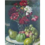 Still life vase of flowers with fruit, oil on canvas, apparently unsigned, framed under glass, 35