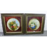 Pair of 19th century floral studies on glass, unsigned, framed under glass with velvet mounts,