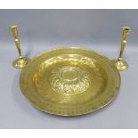 17th century Nuremburg brass alms dish, circa 1650 and a pair of brass knop stemmed candlesticks,