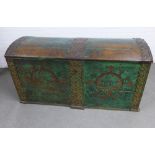 19th century green painted wooden trunk, dome top with metal mounts, the front with date 1804,