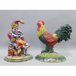 Two painted metal door stops, one as Mr Punch the other a Cockerel, 32cm (2)