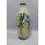 Czechoslovakian Amphora vase with birds and flower pattern with blue glazed rims, indistinct factory