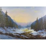 K. Fjellberg (Norwegian) Winter Landscape, oil on canvas, signed, framed in a silver giltwood frame,