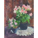 Irene Ann Rowe, 'Pink Plants in Black Pots', watercolour, signed and framed under glass, 45 x 58cm