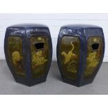 Pair of hexagonal pottery veranda stool with a pattern of figures and animals, 35 x 48cm (2)