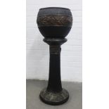 Early 20th century stoneware jardiniere planter and column stand (2)