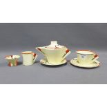 Clarice Cliff Bizarre part teaset comprising teapot, cream jug, sugar bowl, cup saucer and side