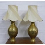 Pair of large brass baluster table lamps with shades, 66cm to fitting, (2)