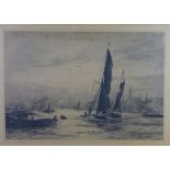 W. L Wyllie, (1851-1931) Sailing Vessels on the Thames, etched print, under glass in an ornate