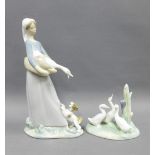 Lladro figure of a Goose girl and a Nao group of geese, tallest 27cm (2)