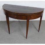 19th century fold-over demi-lune table with a burr wood top with boxwood stringing, (the hinged legs