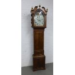19th century mahogany longcase clock, with a swan neck pediment and gilt finials over a painted dial