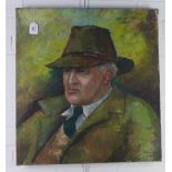 Louise Annand (Scottish 1915 - 2012) head and shoulders portrait of a man in a trilby hat, oil on