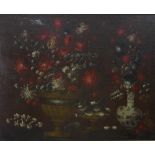 A large floral still life with pedestal bowl and vase, oil on canvas, apparently unsigned, framed,