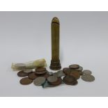 Trench art money bank and a small collection of pre decimal coins (a lot)