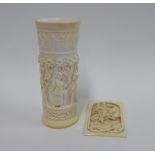 Early 20th century carved ivory panel, possibly French, 10 x 6cm, together with a Burmese ivory