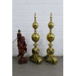 Pair of brass fire dogs and a Chinese carved rootwood figure, tallest 62cm (3)