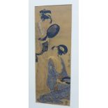 Japanese woodblock print depicting two beauties, framed under glass, 18 x 48cm (a/f)