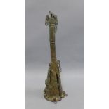 Nigerian Yoruba bronze bell with a cone shaped body with hanging chains and a bird finial to top,