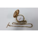 Gold plated pocket watch with a yellow metal watch chain with a 9ct gold T bar