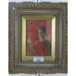 Lallie Wilson 'Girl with red umbrella', oil and chalk, framed under glass, 10 x 14cm