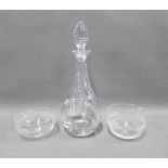 Contemporary Stuart crystal decanter and stopper and two glass rinsers, (3)